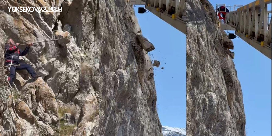 Hakkari'de İtfaiye ekibi tehlikeli kayaları indirdi