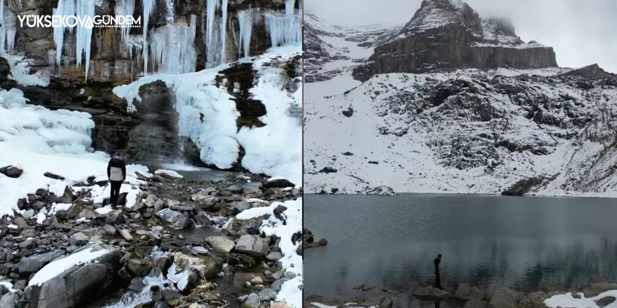 Yüksekova'da şelale dondu, buz sarkıtlarının boyu 4 metreyi buldu